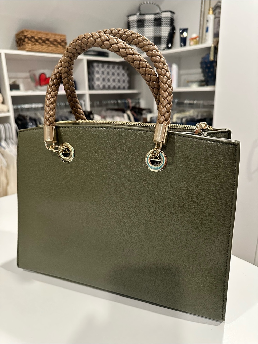 Charming Charlie Olive Green Satchel with Braided Tan Handles
